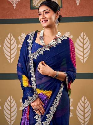 Blue bandhani embroidered poly chiffon designer bandhani saree 4