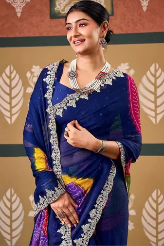 Blue bandhani embroidered poly chiffon designer bandhani saree