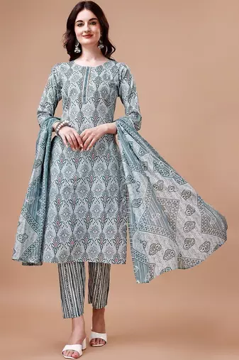 women ethnic motifs printed kurta with trousers & with dupatta