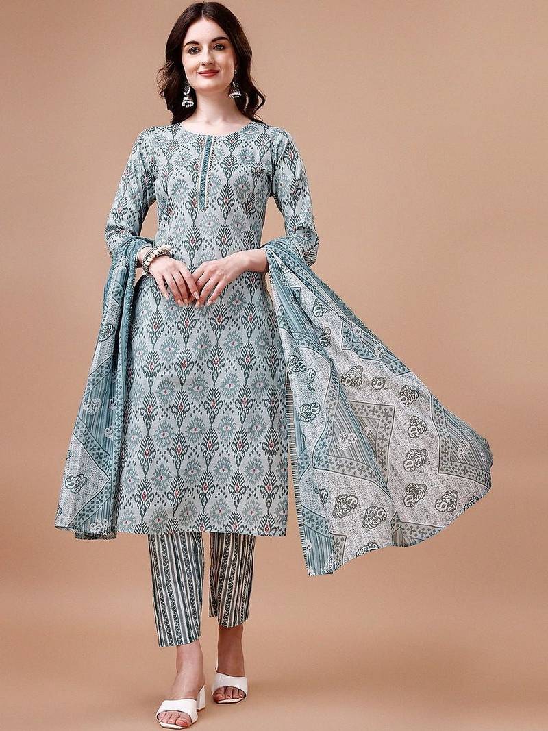 women ethnic motifs printed kurta with trousers & with dupatta