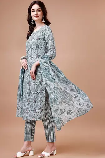 women ethnic motifs printed kurta with trousers & with dupatta