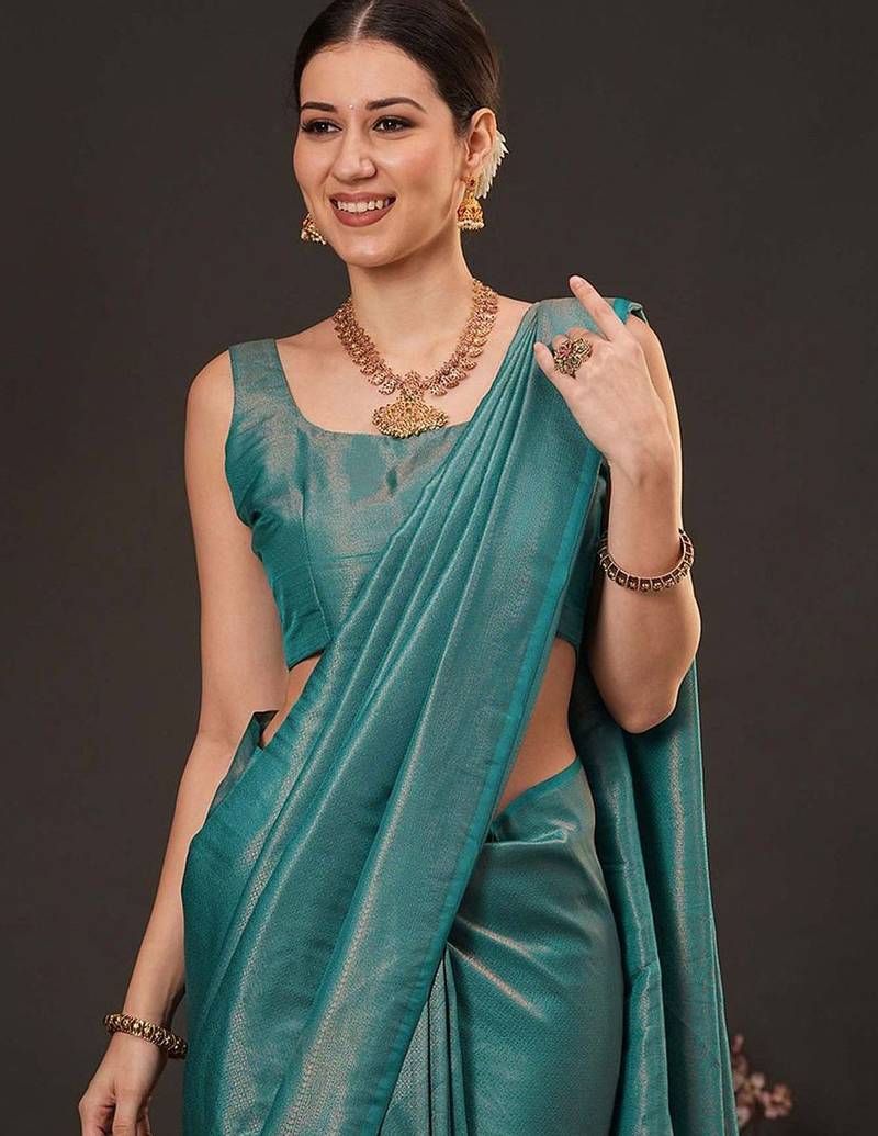 Teal woven design zari silk blend kanjeevaram saree