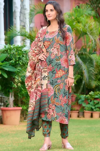 women floral printed regular kurta with trousers & with dupatta