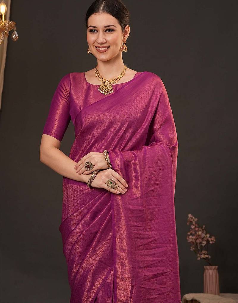 Magenta woven design zari silk blend kanjeevaram saree
