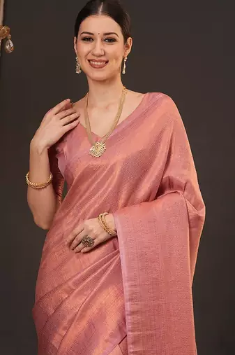 Peach woven design zari silk blend kanjeevaram saree