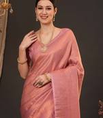 Peach woven design zari silk blend kanjeevaram saree
