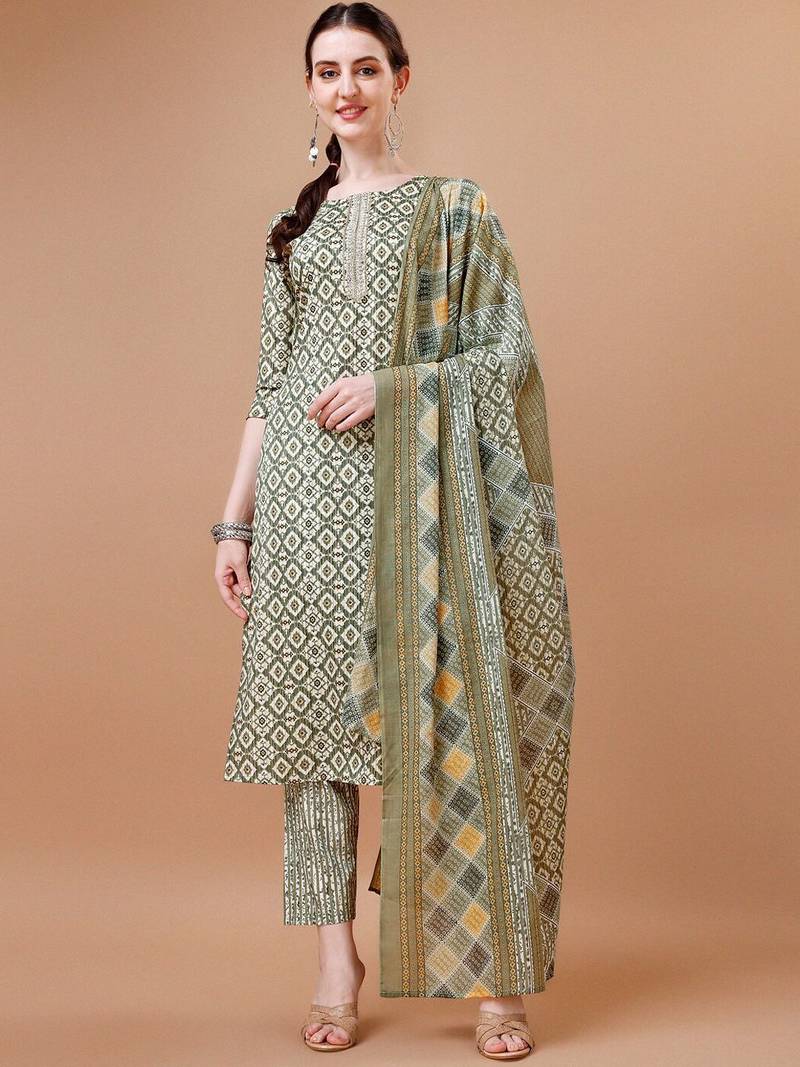 printed regular kurta with trousers & dupatta
