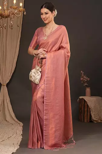 Peach woven design zari silk blend kanjeevaram saree