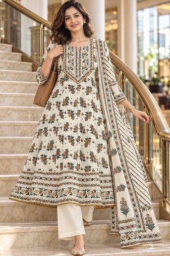 women floral printed regular  cotton kurta with palazzos & dupatta