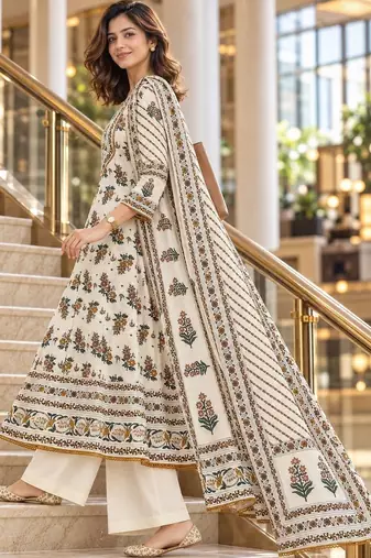 women floral printed regular  cotton kurta with palazzos & dupatta