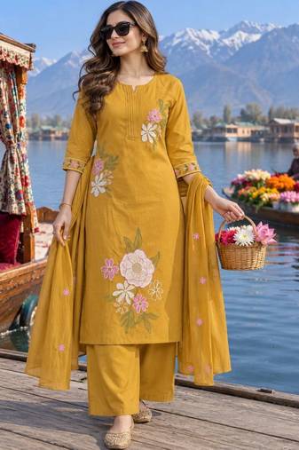 women floral embroidered regular thread work  cotton kurta with palazzos & with dupatta