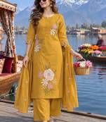 women floral embroidered regular thread work  cotton kurta with palazzos & with dupatta