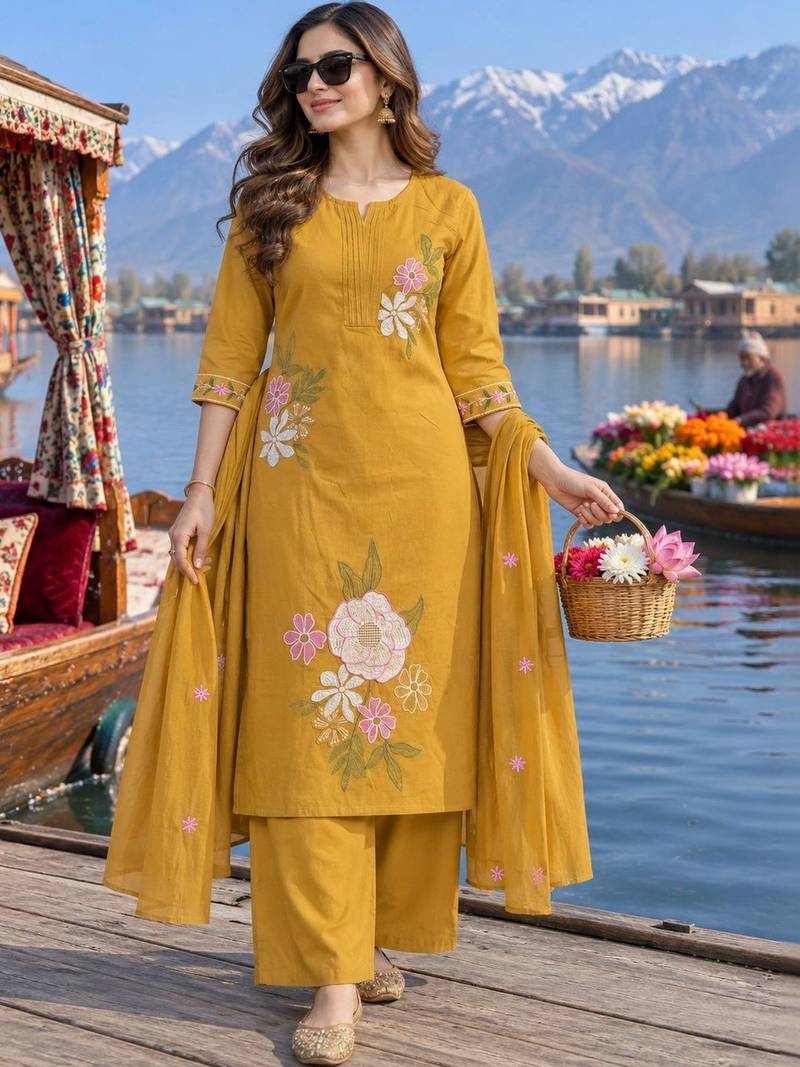 women floral embroidered regular thread work  cotton kurta with palazzos & with dupatta