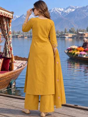 women floral embroidered regular thread work  cotton kurta with palazzos & with dupatta 2