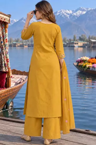 women floral embroidered regular thread work  cotton kurta with palazzos & with dupatta
