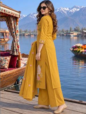 women floral embroidered regular thread work  cotton kurta with palazzos & with dupatta 3