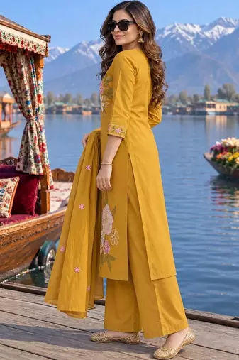 women floral embroidered regular thread work  cotton kurta with palazzos & with dupatta