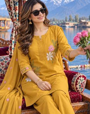 women floral embroidered regular thread work  cotton kurta with palazzos & with dupatta 4