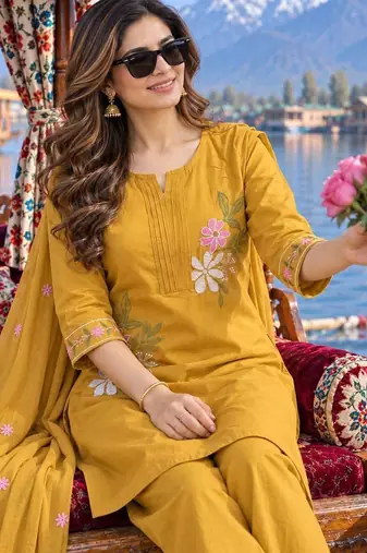 women floral embroidered regular thread work  cotton kurta with palazzos & with dupatta