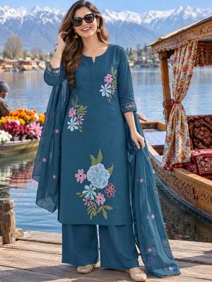women floral embroidered regular thread work  cotton kurta with palazzos & with dupatta 1