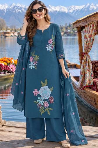 women floral embroidered regular thread work  cotton kurta with palazzos & with dupatta