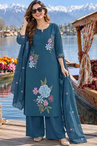 women floral embroidered regular thread work  cotton kurta with palazzos & with dupatta