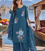 women floral embroidered regular thread work  cotton kurta with palazzos & with dupatta