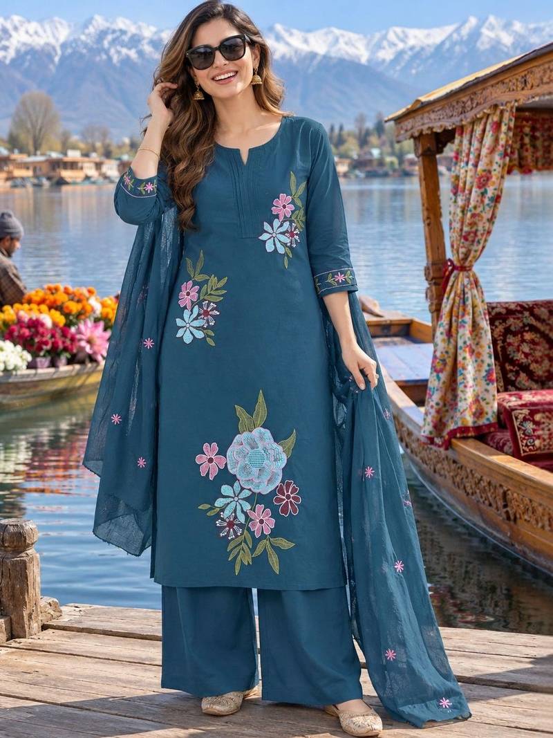 women floral embroidered regular thread work  cotton kurta with palazzos & with dupatta