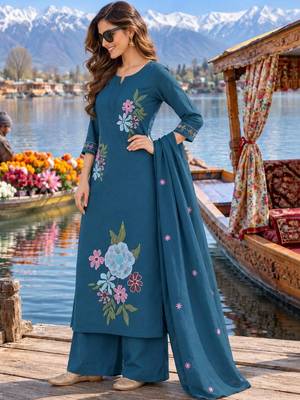 women floral embroidered regular thread work  cotton kurta with palazzos & with dupatta 2