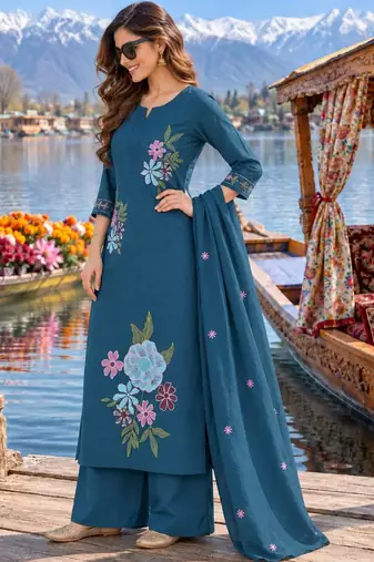 women floral embroidered regular thread work  cotton kurta with palazzos & with dupatta