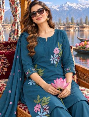 women floral embroidered regular thread work  cotton kurta with palazzos & with dupatta 3