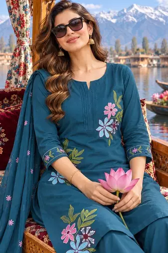 women floral embroidered regular thread work  cotton kurta with palazzos & with dupatta