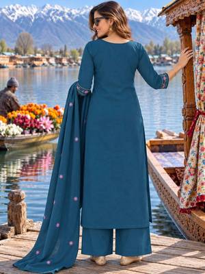 women floral embroidered regular thread work  cotton kurta with palazzos & with dupatta 4