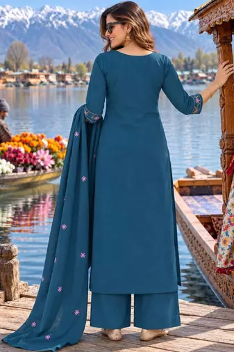 women floral embroidered regular thread work  cotton kurta with palazzos & with dupatta