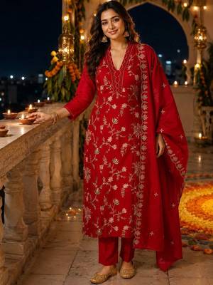 women floral embroidered regular sequinned chanderi cotton kurta with trousers & with dupatta 1