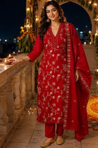 women floral embroidered regular sequinned chanderi cotton kurta with trousers & with dupatta