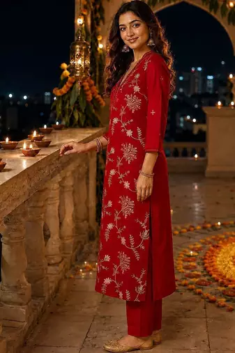 women floral embroidered regular sequinned chanderi cotton kurta with trousers & with dupatta