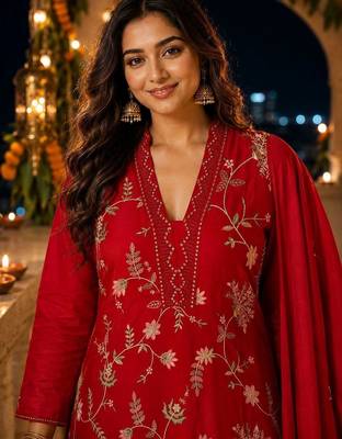 women floral embroidered regular sequinned chanderi cotton kurta with trousers & with dupatta 4