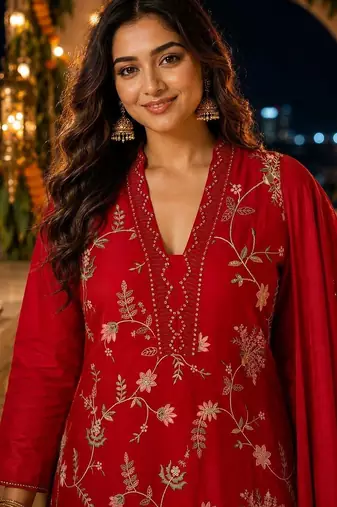 women floral embroidered regular sequinned chanderi cotton kurta with trousers & with dupatta
