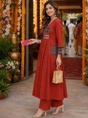 women ethnic motifs embroidered regular mirror work  cotton kurta with palazzos & with 2