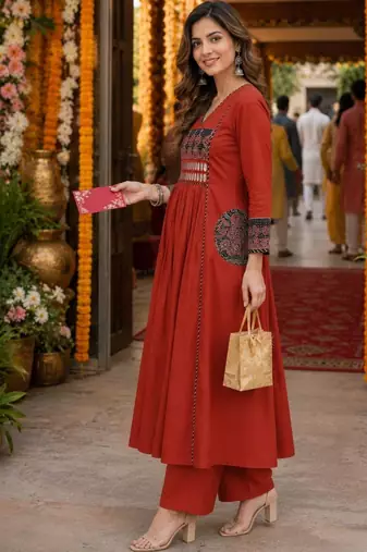 women ethnic motifs embroidered regular mirror work  cotton kurta with palazzos & with