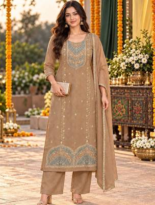 women embroidered regular thread work kurta with palazzos & with dupatta 1