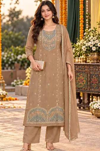 women embroidered regular thread work kurta with palazzos & with dupatta