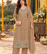 women embroidered regular thread work kurta with palazzos & with dupatta