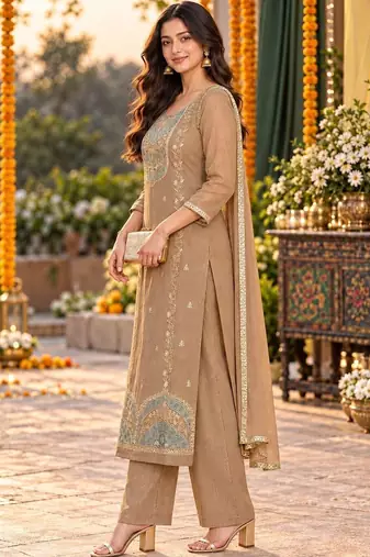 women embroidered regular thread work kurta with palazzos & with dupatta