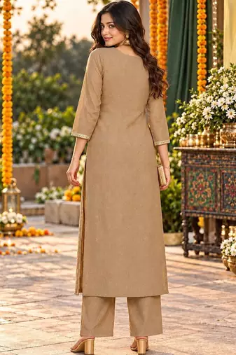 women embroidered regular thread work kurta with palazzos & with dupatta