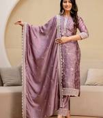 women ethnic motifs embroidered regular thread work kurta with trousers & with dupatta