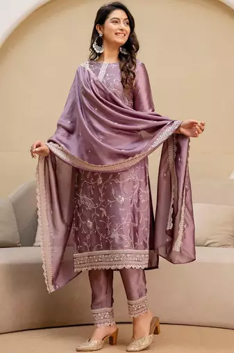 women ethnic motifs embroidered regular thread work kurta with trousers & with dupatta