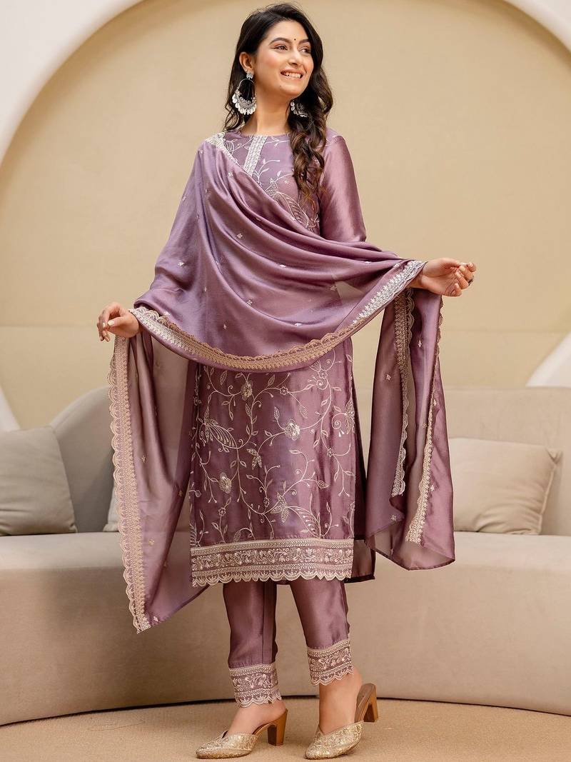 women ethnic motifs embroidered regular thread work kurta with trousers & with dupatta