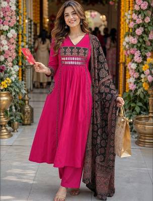 women ethnic motifs empire mirror work  cotton kurta with palazzos & with dupatta 1